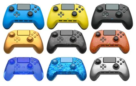 Collection of gaming controllers with different colors and designs for gaming Stock Illustration