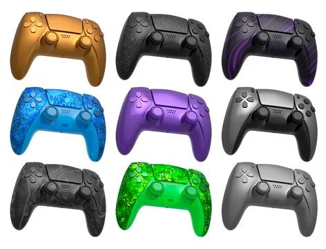 Collection of gaming controllers with different colors and designs for gaming Stock Illustration