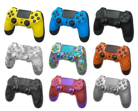 Collection of gaming controllers with different colors and designs for gaming Stock Illustration