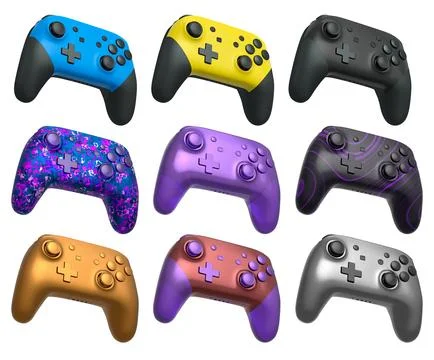 Collection of gaming controllers with different colors and designs for gaming Stock Illustration