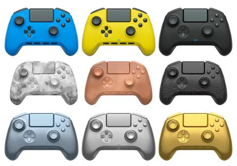 Collection of gaming controllers with different colors and designs for gaming Stock Illustration