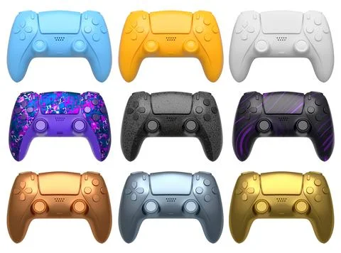 Collection of gaming controllers with different colors and designs for gaming Stock Illustration