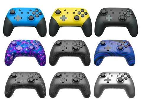 Collection of gaming controllers with different colors and designs for gaming Stock Illustration