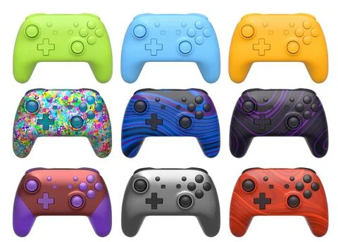 Collection of gaming controllers with different colors and designs for gaming Stock Illustration