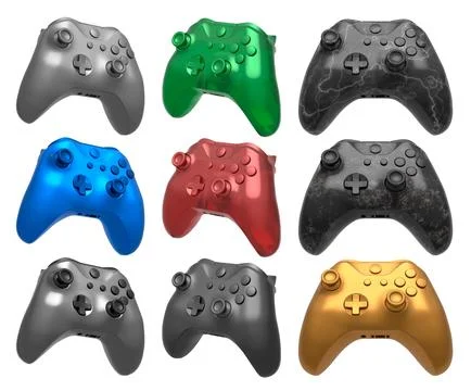 Collection of gaming controllers with different colors and designs for gaming Stock Illustration