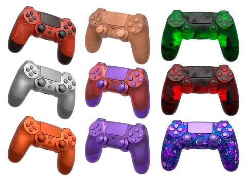 Collection of gaming controllers with different colors and designs for gaming Stock-Illustration