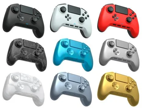 Collection of gaming controllers with different colors and designs for gaming Stock Illustration