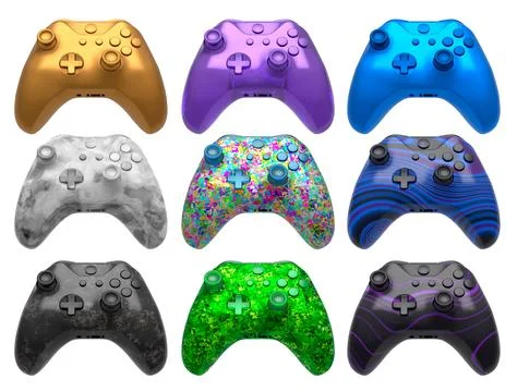 Collection of gaming controllers with different colors and designs for gaming Stock Illustration