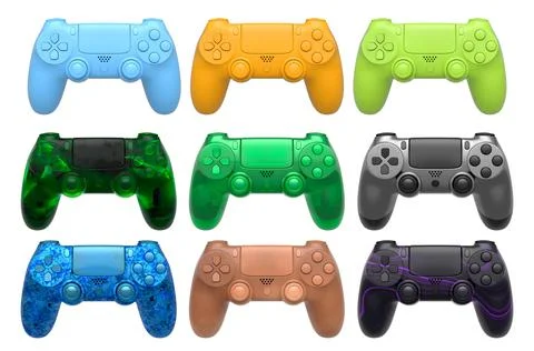 Collection of gaming controllers with different colors and designs for gaming Stock Illustration