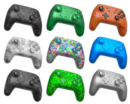 Collection of gaming controllers with different colors and designs for gaming Stock Illustration