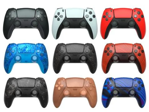Collection of gaming controllers with different colors and designs for gaming Stock Illustration