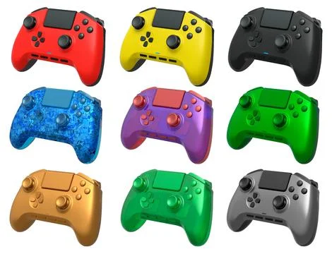Collection of gaming controllers with different colors and designs for gaming Stock Illustration