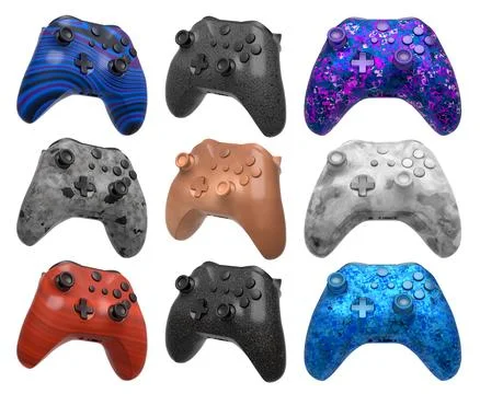 Collection of gaming controllers with different colors and designs for gaming Stock Illustration