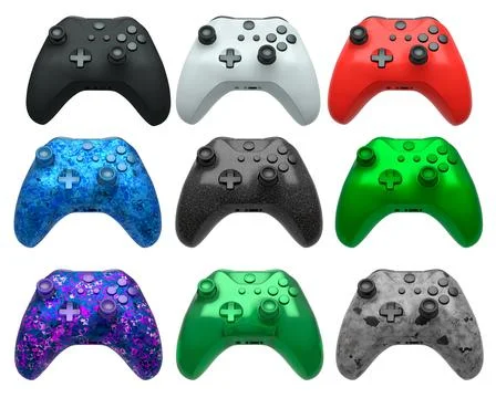 Collection of gaming controllers with different colors and designs for gaming Stock Illustration