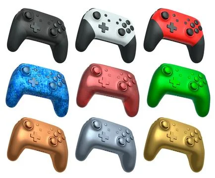Collection of gaming controllers with different colors and designs for gaming Stock Illustration