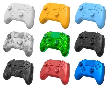 Collection of gaming controllers with different colors and designs for gaming Stock Photos