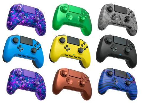 Collection of gaming controllers isolated on white background with clipping.. Stock Illustration