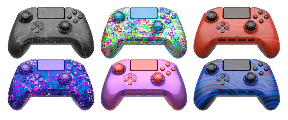 Collection of gaming controllers isolated on white background with clipping.. Stock Illustration