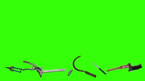 Collection of garden and cleaning tools floating against, green background Stock Footage 332392074