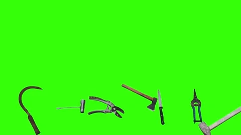Collection of garden and cleaning tools floating against, green background Stock Footage 332392076
