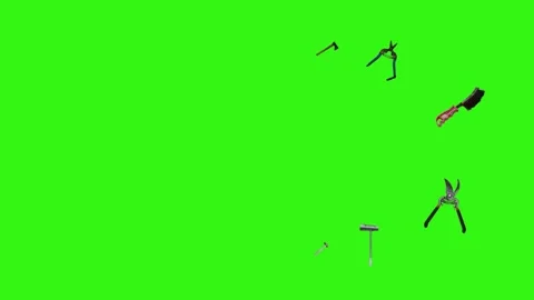 Collection of garden and cleaning tools floating , green background Stock Footage 333500498