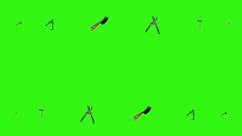 Collection of garden and cleaning tools floating , green background Stock Footage 333500499