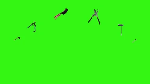 Collection of garden and cleaning tools floating , green background Stock Footage 333500502