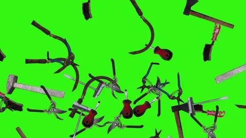 Collection of garden and cleaning tools floating , green background Stock-Footage 333500503