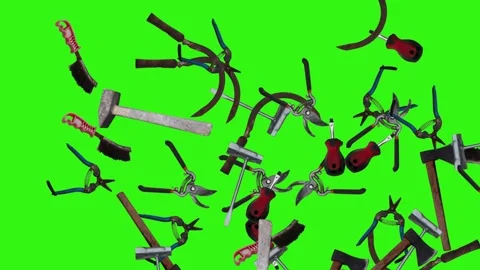 Collection of garden and cleaning tools floating , green background Stock-Footage 333500504