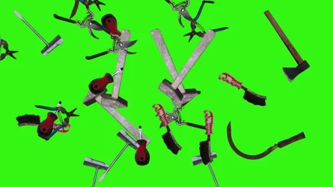 Collection of garden and cleaning tools floating , green background Stock Footage 333500509