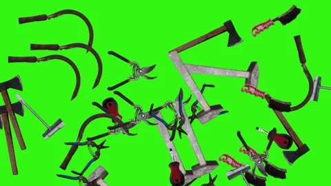 Collection of garden and cleaning tools floating , green background Stock-Footage 333500511
