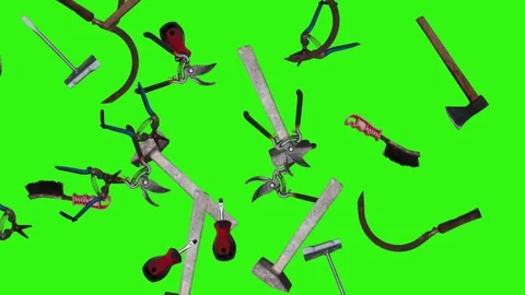 Collection of garden and cleaning tools floating , green background Stock-Footage 333500513