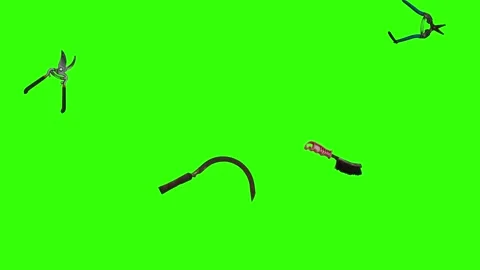 Collection of garden and cleaning tools floating , green background Stock Footage 333500516