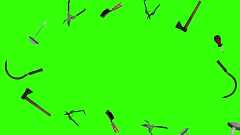 Collection of garden and cleaning tools floating , green background Stock Footage 333500524