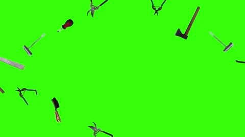 Collection of garden and cleaning tools floating , green background Stock Footage 333500525