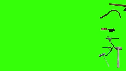 Collection of garden and cleaning tools floating , green background Stock Footage 333500532