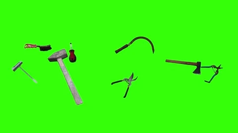Collection of garden and cleaning tools floating , green background Stock Footage 333500538