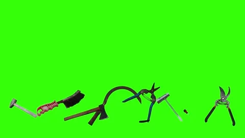 Collection of garden and cleaning tools floating , green background Stock-Footage 333500544