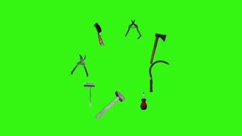 Collection of garden and cleaning tools floating , green background Stock-Footage 333500550