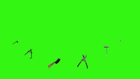 Collection of garden and cleaning tools floating , green background Stock Footage 333500554