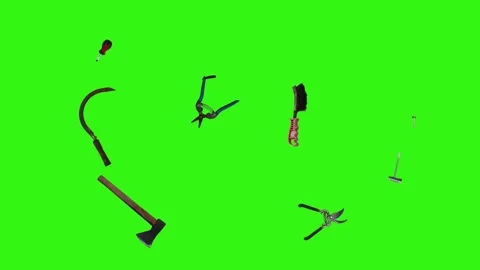 Collection of garden and cleaning tools floating , green background Stock-Footage 333500555