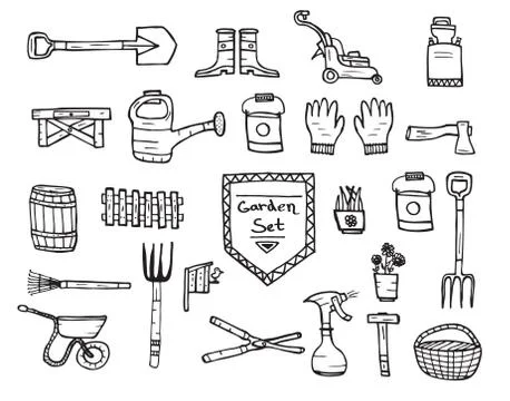 Collection of garden doodle sketch elements on white background. Stock Illustration