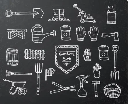 Collection of garden elements on black chalkboard Illustrazione stock