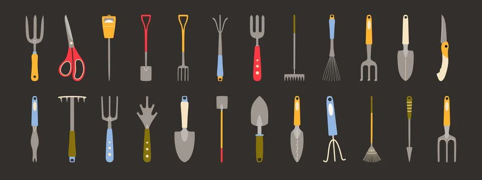 Collection of garden tools. Scissors, pruner, shovel, rake, pitchfork, knife Illustrazione stock