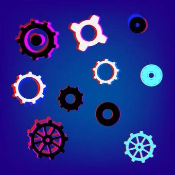 Collection of gears with chromatic defect style. Chromatic aberration effect. Illustrazione stock
