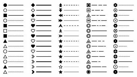 Collection of geometric bullet points and divider lines with geometric, orn.. Stock Illustration