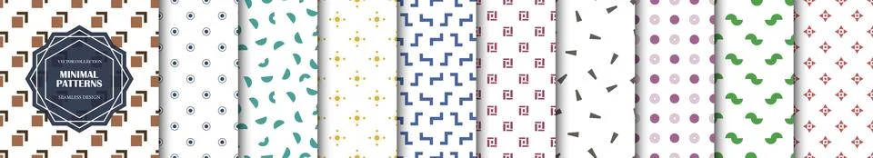 Collection of geometric minimal seamless patterns. Color repeatable bright Stock Illustration