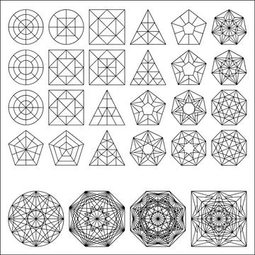 Collection of geometric shapes and patterns, including circles, squares, tr.. Stock Illustration