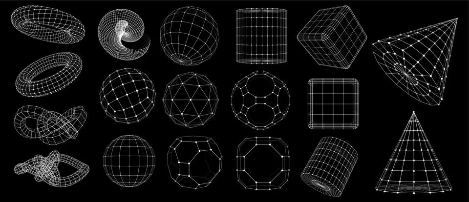A collection of geometric shapes, designed as a grid frame on a black backg.. Stock Illustration