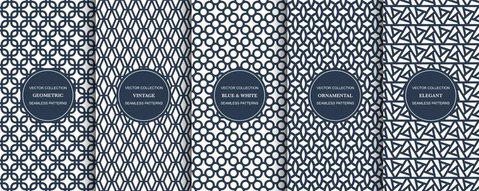 Collection of geometric simple seamless patterns - blue and white symmetric Иллюстрация